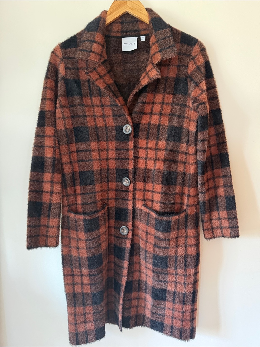 Cyrus Plaid Long Coat in Rust and Black